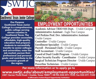 Employment Opportunities, Southwest Texas Junior College, Uvalde, TX