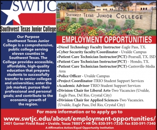 Employment Opportunities, Southwest Texas Junior College, Uvalde, TX